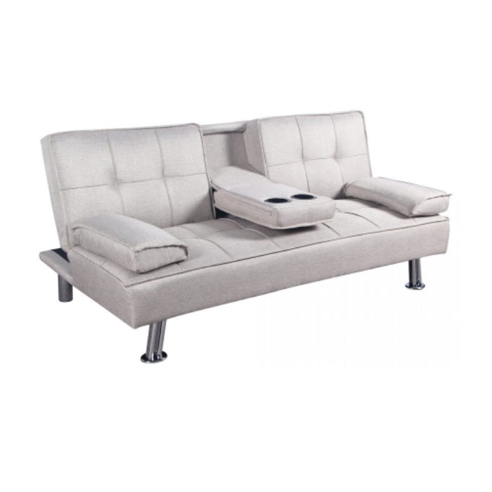 A stylish sofa bed equipped with a soft mattress and decorative pillows, ideal for both seating and sleeping.