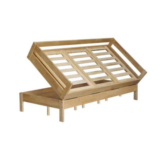 A wooden bed frame accompanied by a comfortable mattress and tidily arranged bedding, fostering a warm and welcoming bedroom ambiance.