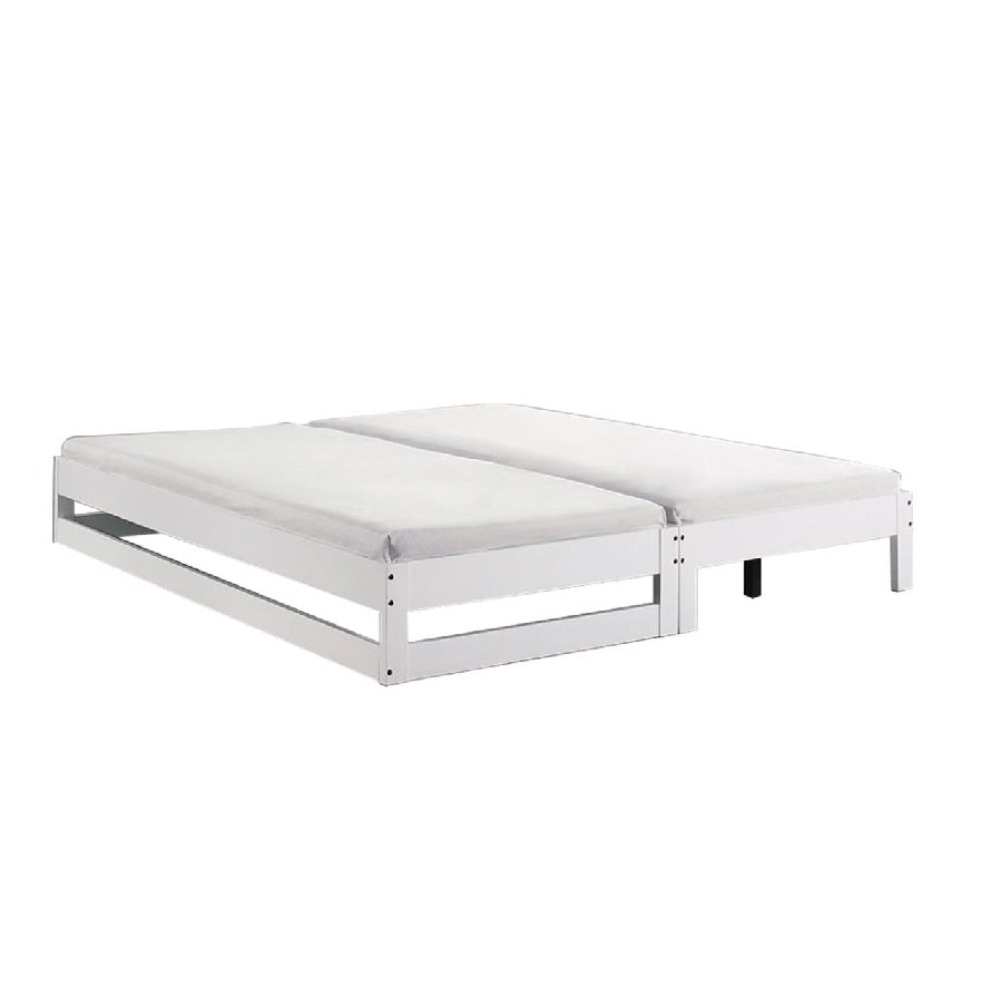 A wooden bed frame accompanied by a comfortable mattress and tidily arranged bedding, fostering a warm and welcoming bedroom ambiance.