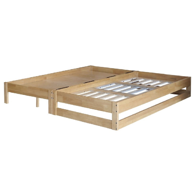 A wooden bed frame accompanied by a comfortable mattress and tidily arranged bedding, fostering a warm and welcoming bedroom ambiance.