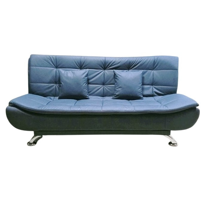 A stylish blue leather sofa featuring plush pillows, perfect for enhancing comfort in any living space.