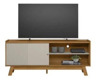 Modern entertainment unit with wooden shelving and a stylish flat-screen TV prominently displayed.
