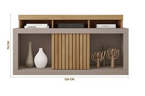 Modern entertainment unit with wooden shelving and a stylish flat-screen TV prominently displayed.