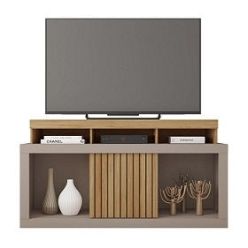 Modern entertainment unit with wooden shelving and a stylish flat-screen TV prominently displayed.