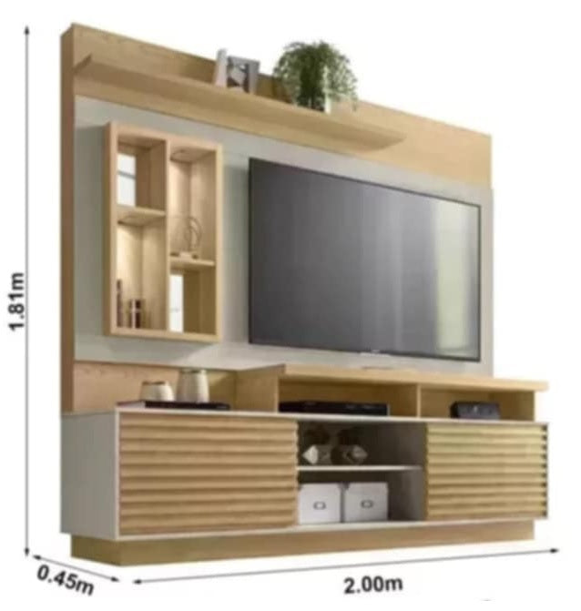 A modern TV cabinet with two cabinet, and shelves ideal for organizing magazines and decorative items.