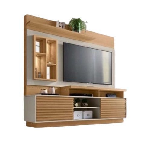 A modern TV cabinet with two cabinet, and shelves ideal for organizing magazines and decorative items.