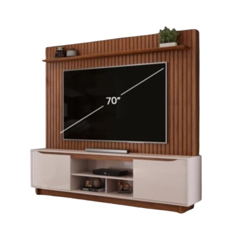 A modern TV cabinet with two cabinet, and shelves ideal for organizing magazines and decorative items.