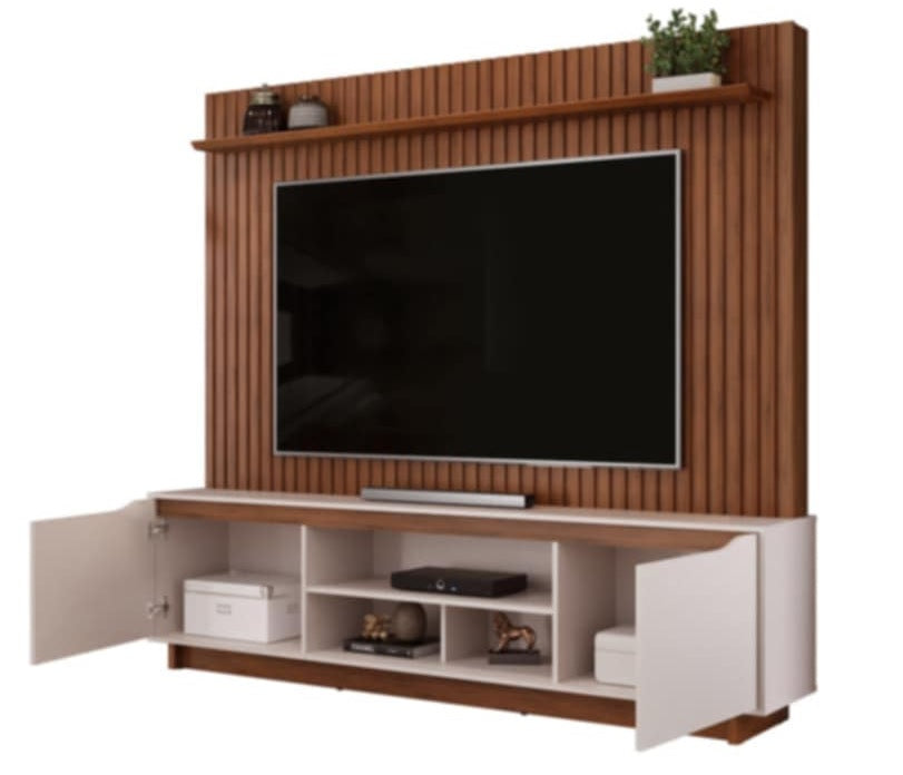 A modern TV cabinet with two cabinet, and shelves ideal for organizing magazines and decorative items.