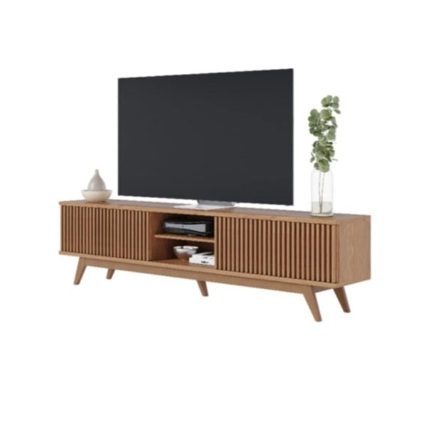 A spacious TV stand designed to accommodate a 75-inch television, featuring a sleek and modern design.