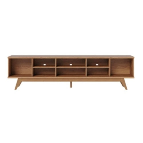 A spacious TV stand designed to accommodate a 75-inch television, featuring a sleek and modern design.
