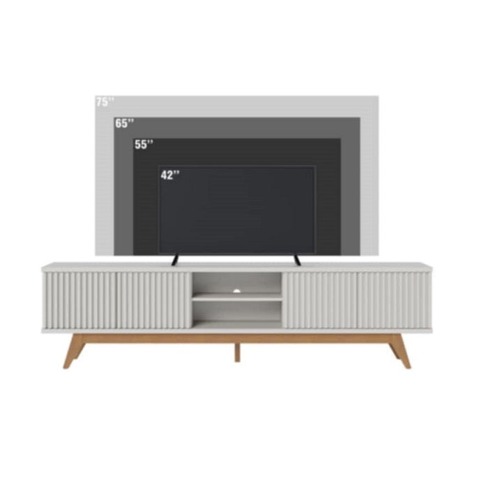 A spacious TV stand designed to accommodate a 75-inch television, featuring a sleek and modern design.