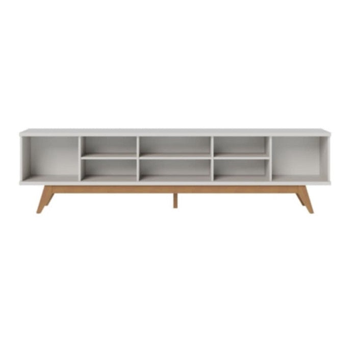 A spacious TV stand designed to accommodate a 75-inch television, featuring a sleek and modern design.
