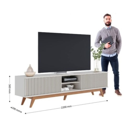 A spacious TV stand designed to accommodate a 75-inch television, featuring a sleek and modern design.