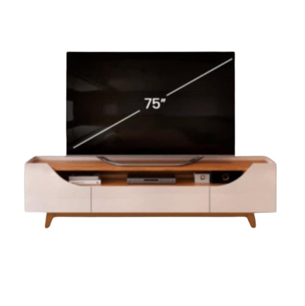 A stylish TV stand with a white and wood finish, designed to accommodate TVs up to 75 inches in size.