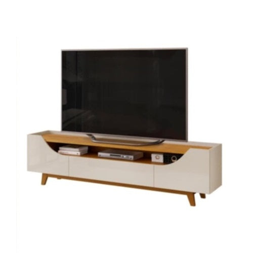 A stylish TV stand with a white and wood finish, designed to accommodate TVs up to 75 inches in size.