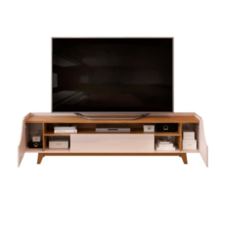 A stylish TV stand with a white and wood finish, designed to accommodate TVs up to 75 inches in size.