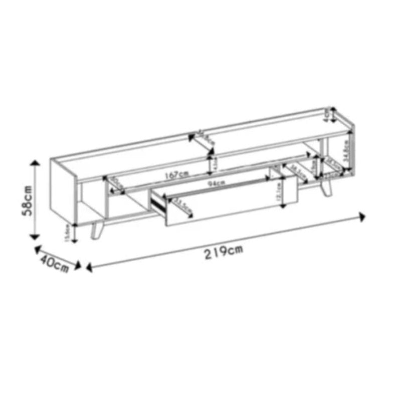A stylish TV stand with a white and wood finish, designed to accommodate TVs up to 75 inches in size.
