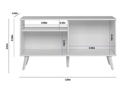 Modern entertainment unit with wooden shelving and a stylish flat-screen TV prominently displayed.