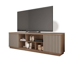 Modern entertainment unit with wooden shelving and a stylish flat-screen TV prominently displayed.