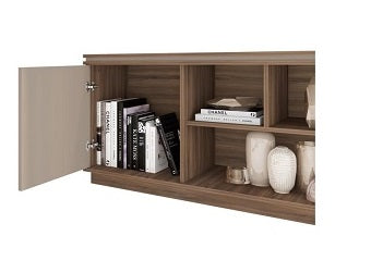 Modern entertainment unit with wooden shelving and a stylish flat-screen TV prominently displayed.