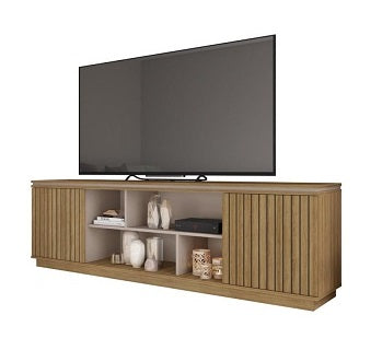 Modern entertainment unit with wooden shelving and a stylish flat-screen TV prominently displayed.