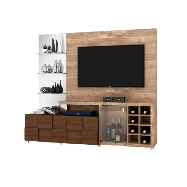 Stylish TV stand made of wood, designed with one glass door & drawer for functional storage in a contemporary setting.
