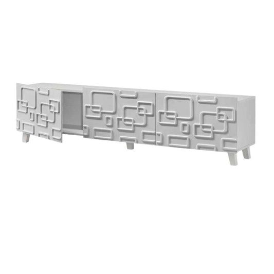 A white tv cabinet featuring a modern geometric design, showcasing clean lines and a contemporary aesthetic.