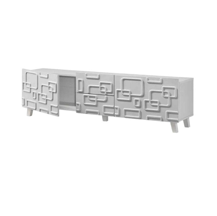 A white tv cabinet featuring a modern geometric design, showcasing clean lines and a contemporary aesthetic.