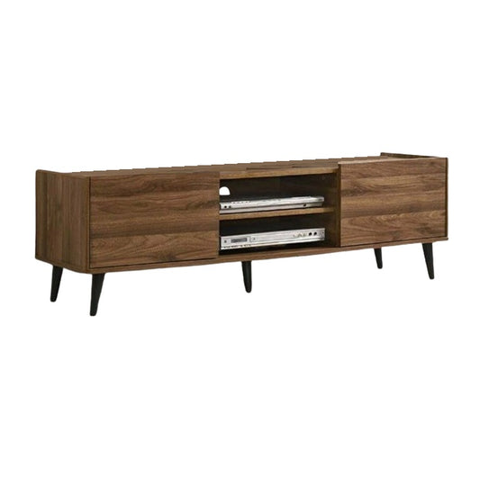 Modern entertainment unit showcasing wooden shelves, perfect for organizing electronics and decorative pieces.
