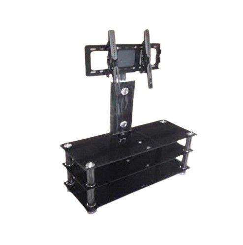 A modern black TV stand featuring a flat-screen TV, with a remote control placed on top for easy access.