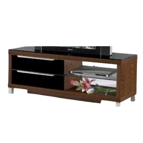 A wooden entertainment center displaying a television on its surface, combining elegance with modern entertainment needs.