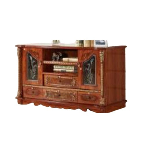 A wooden entertainment center with a television on top, serving as a focal point for home entertainment and decor.