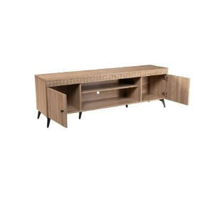 Stylish TV stand made of wood, designed with two doors for functional storage in a contemporary setting.