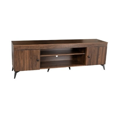 Stylish TV stand made of wood, designed with two doors for functional storage in a contemporary setting.