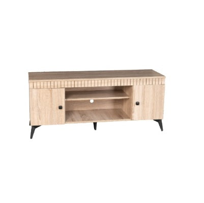 Stylish TV stand made of wood, designed with two doors for functional storage in a contemporary setting.