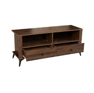 Stylish TV stand made of wood, designed with two doors for functional storage in a contemporary setting.