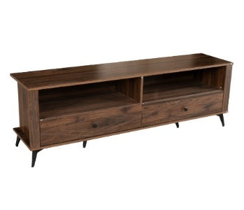 Stylish TV stand made of wood, designed with two doors for functional storage in a contemporary setting.