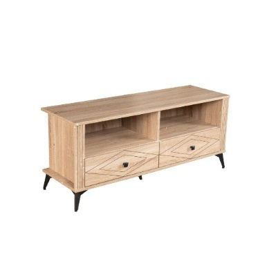 Stylish TV stand made of wood, designed with two doors for functional storage in a contemporary setting.