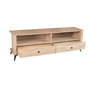 Stylish TV stand made of wood, designed with two doors for functional storage in a contemporary setting.