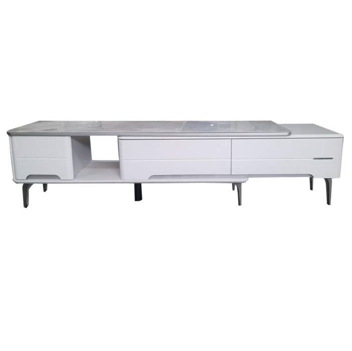 Stylish white and grey TV unit with drawers, perfect for enhancing any living room décor.