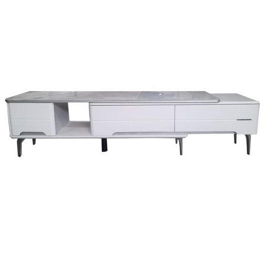Stylish white and grey TV unit with drawers, perfect for enhancing any living room décor.
