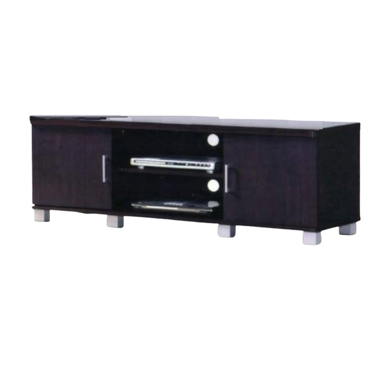 Modern entertainment center with a television positioned on its surface, showcasing a stylish living space.