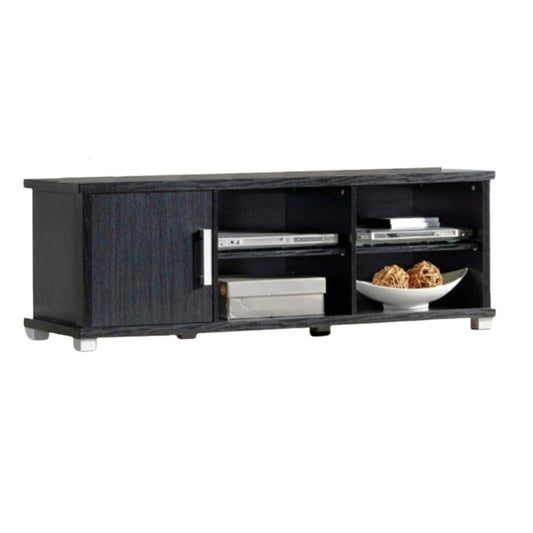 Modern black entertainment center with a shelf , perfect for organizing and displaying items.