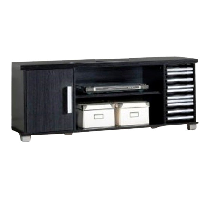 A sleek black entertainment unit featuring door and a shelf, perfect for organizing media and décor items.