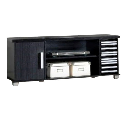 A sleek black entertainment unit featuring door and a shelf, perfect for organizing media and décor items.