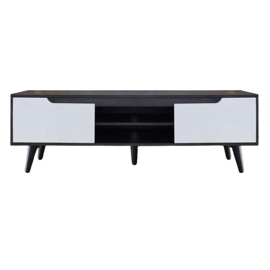 A sleek black and white TV stand with a television placed on top, emphasizing a retro aesthetic.