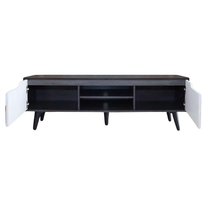 A sleek black and white TV stand with a television placed on top, emphasizing a retro aesthetic.