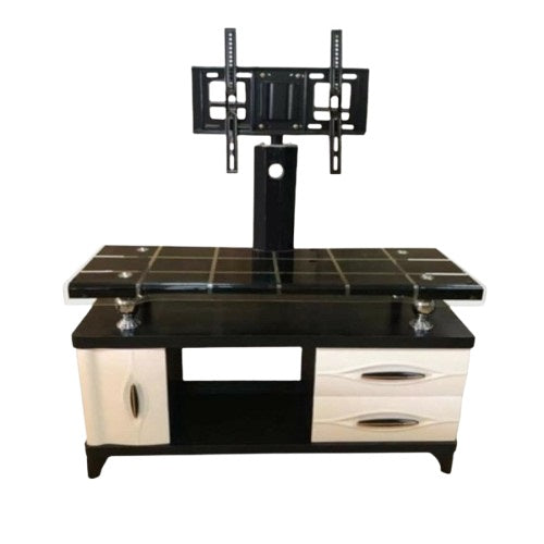  A sleek black and white TV stand with a television placed on top, emphasizing a retro aesthetic.
