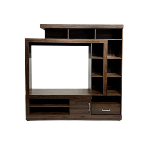 A sleek modern entertainment center featuring shelves and a flat-screen television, designed for contemporary living spaces.
