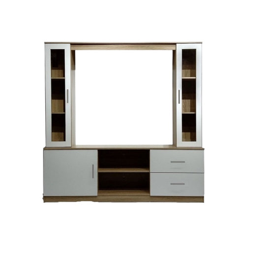 Modern white entertainment center with two doors, perfect for organizing media and enhancing room aesthetics.